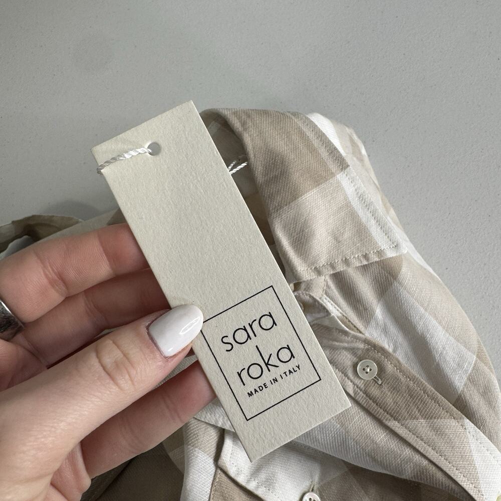 Sara Roka Drake Belted Dress‎ Womens 40 Beige Linen Gingham Shirt Midi Cottage - Picture 3 of 16